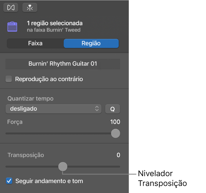 Inspetor do editor de áudio no modo “Região”, a ilustrar o nivelador "Transposição”.