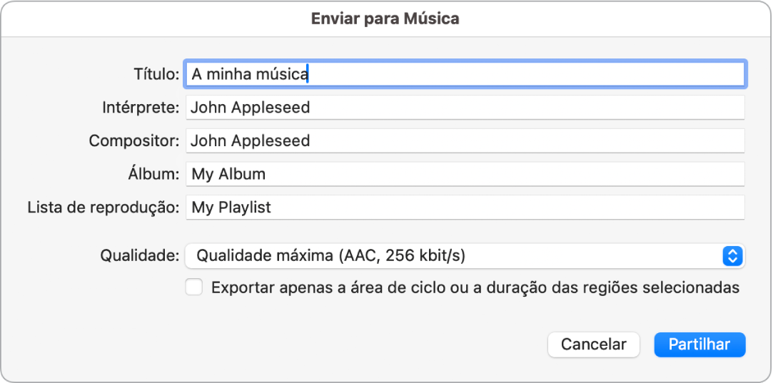 Caixa de diálogo “Música para Música”