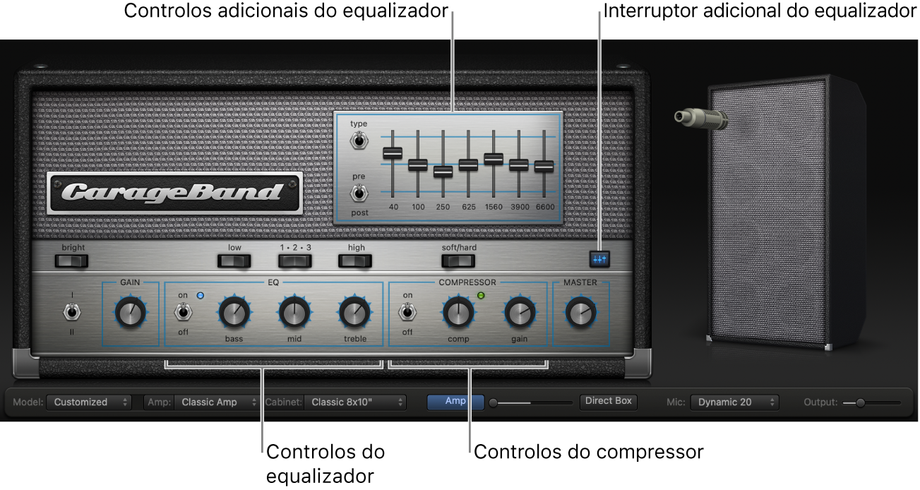 Bass Amp Designer a mostrar os controlos do equalizador e compressor.