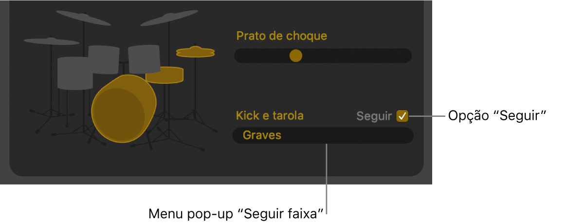 Editor do Drummer a ilustrar a opção “Seguir” e o menu pop-up “Seguir faixa”.