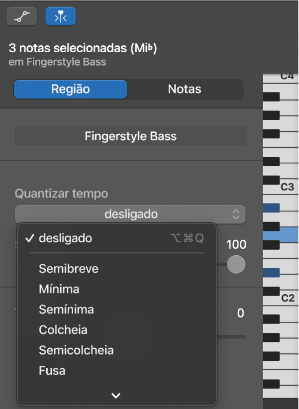 Seleção de um valor no menu pop-up “Quantizar tempo” no inspetor do editor de rolo de piano.