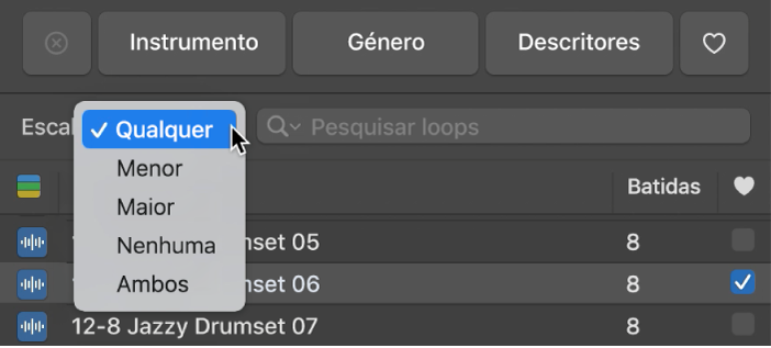Ilustração da abertura do menu pop-up "Escala” no navegador de loops.