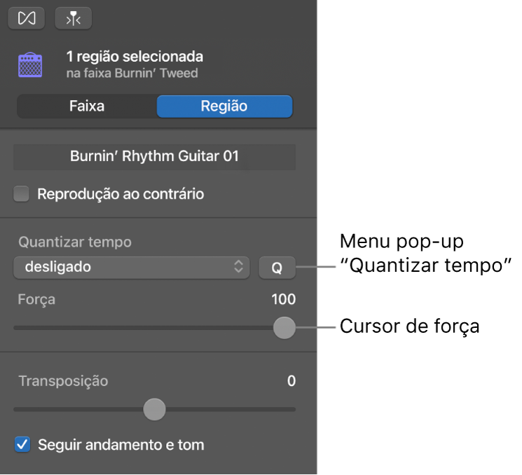 Inspetor do editor de áudio a ilustrar o menu pop-up “Quantizar tempo” e o nivelador "Força”.