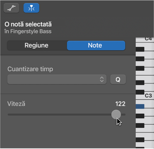 Editarea vitezei notelor în editorul Rolă pian.