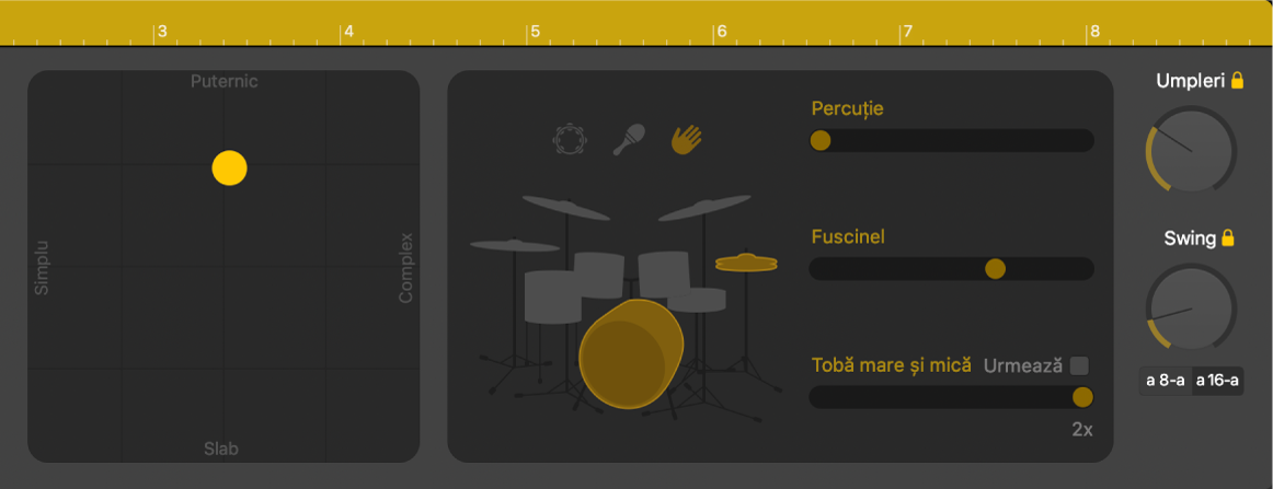 Editorul Drummer afișând comenzile de interpretare.