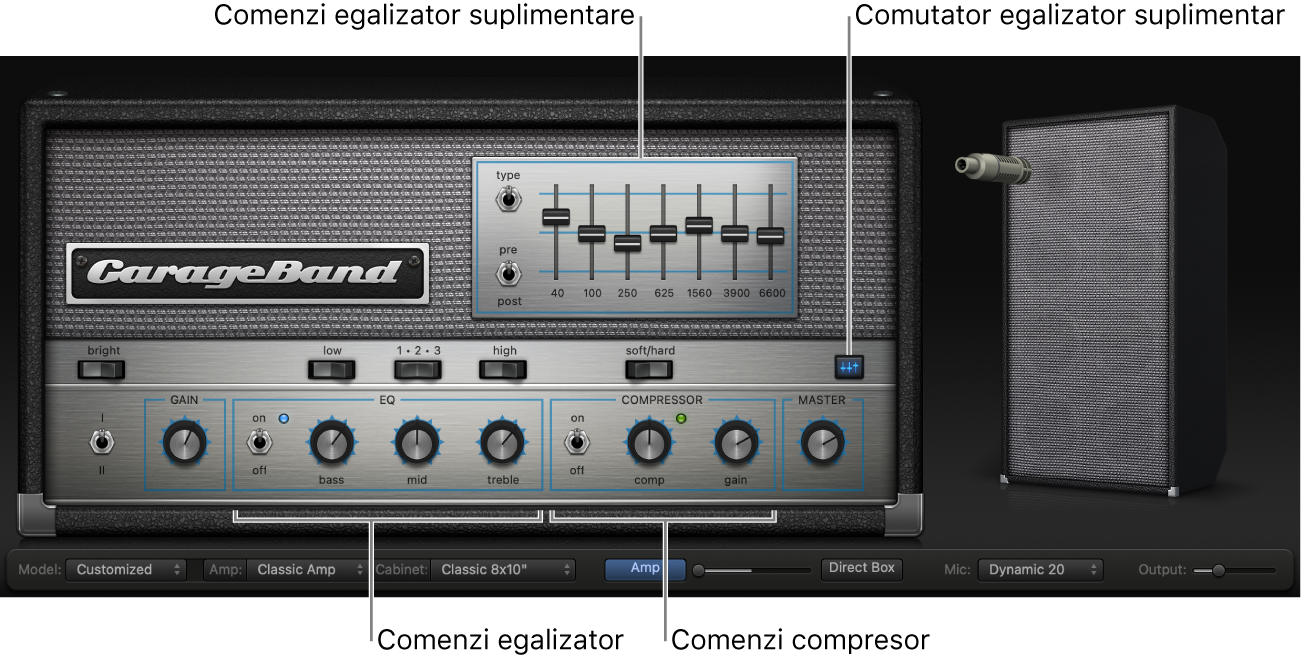 Bass Amp Designer afișează comenzile Egalizor și Compresor.