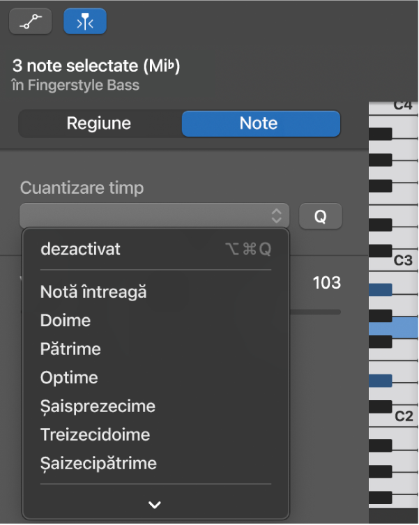 Alegerea unei valori din meniul pop-up Cuantizare timp din inspectorul Editor Rolă pian.