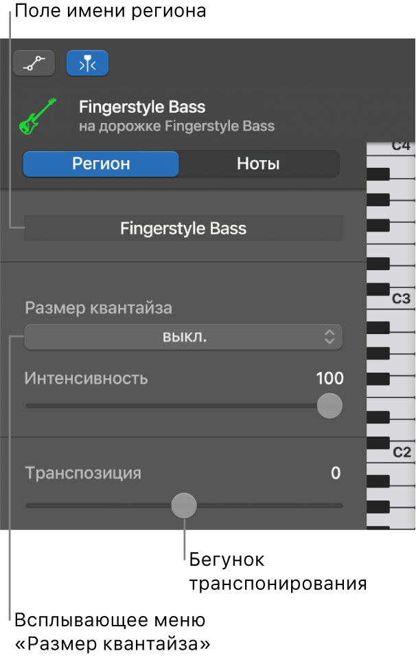 Инспектор клавишного редактора в режиме региона — показаны элементы управления.