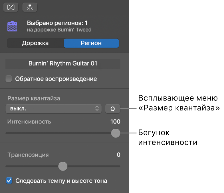 Инспектор редактора аудио со всплывающим меню «Размер квантайза» и слайдером «Сила».