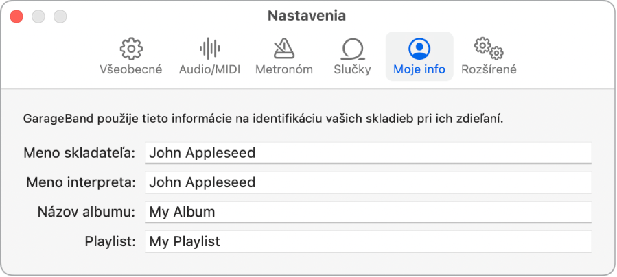 Panel s nastaveniami Moje info.