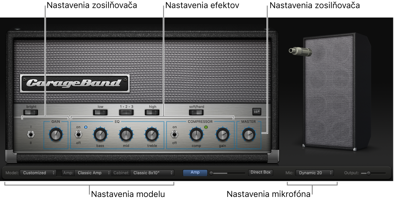 Okno Bass Amp Designer, ktoré zobrazuje rozličné oblasti ovládacích prvkov.