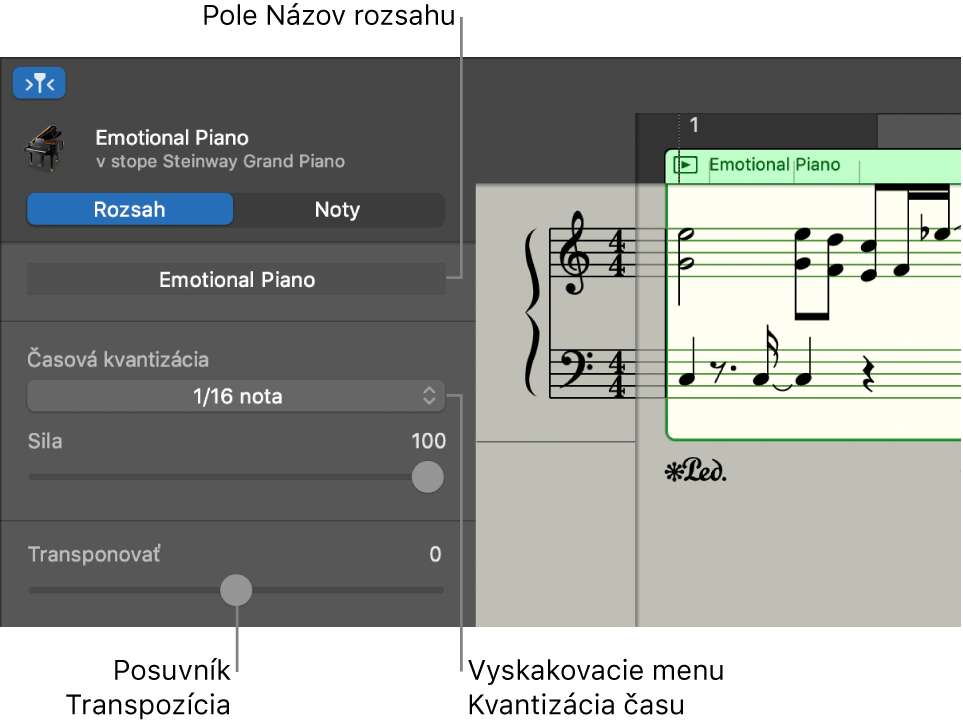 Inšpektor Editora partitúry v režime Rozsah znázorňujúci ovládače.