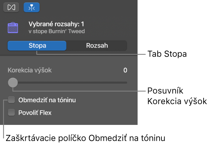 Inšpektor Editora audia v režime Stopa znázorňujúci posuvník Korekcia výšok a políčko Obmedziť na tóninu.