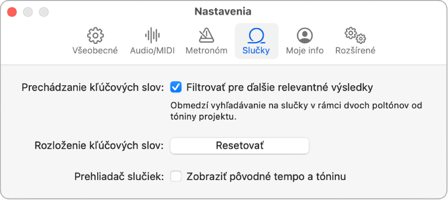 Panel s nastaveniami Slučky.