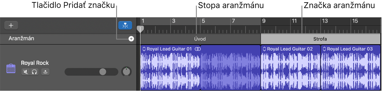 Stopa aranžmánu znázorňujúca tlačidlo Pridať značku a rozsah aranžmánu.