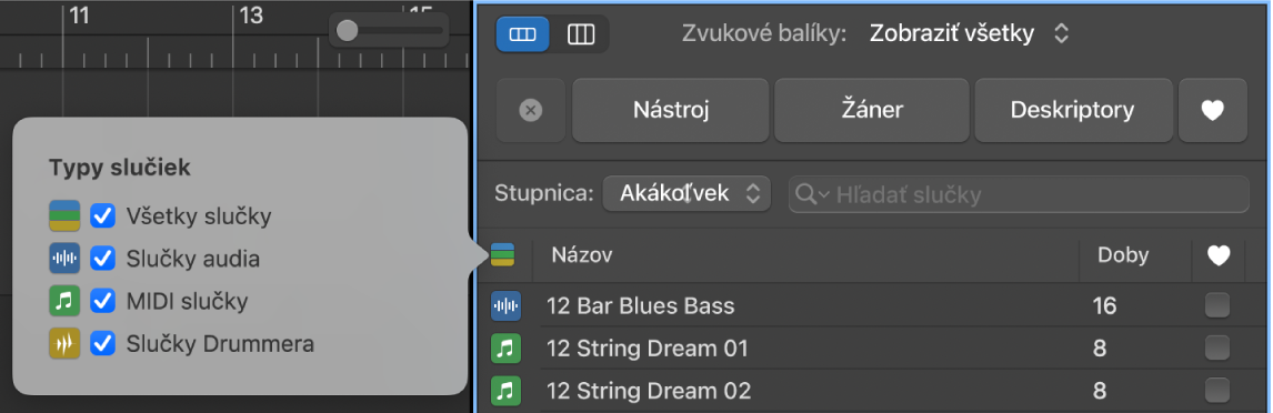 Zobrazuje sa tlačidlo Typy slučiek.