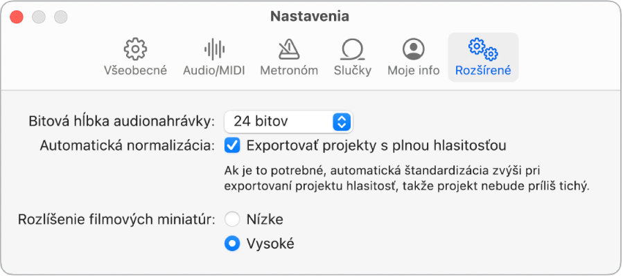 Panel s nastaveniami Rozšírené.