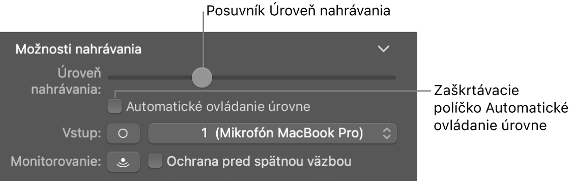 Posuvník Úroveň nahrávania a zaškrtávacie políčko Automatické ovládanie úrovne v inšpektorovi Smart Controls.