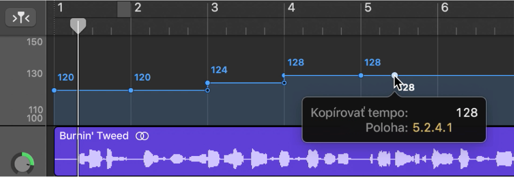 Stopa Tempo, znázorňujúca stlačenie klávesu Option a kopírovanie kontrolného bodu tempa potiahnutím.