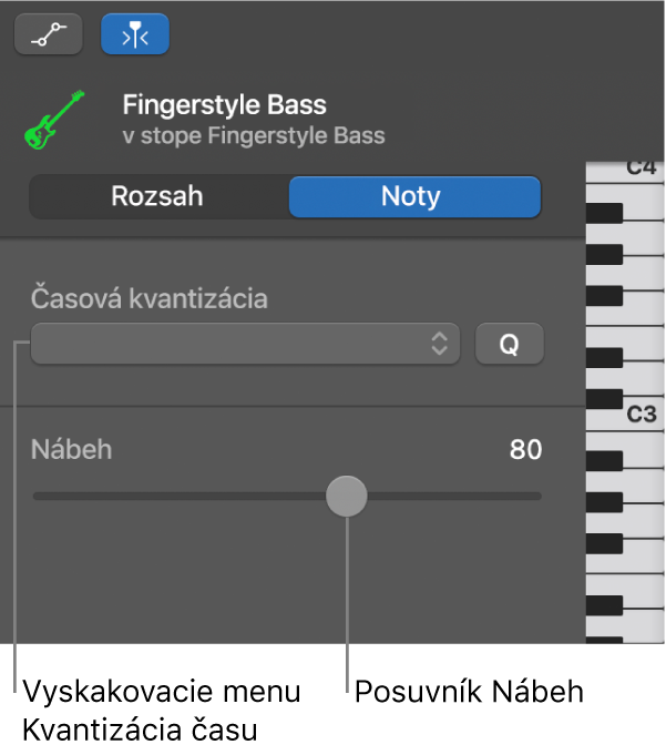 Inšpektor Editora Piano Roll v režime Noty znázorňujúci ovládače.
