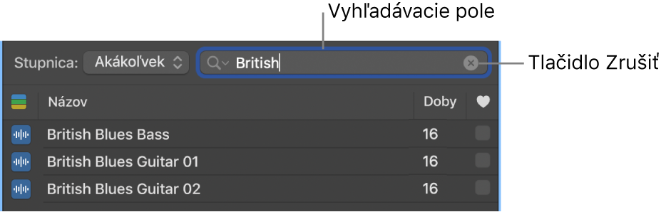 Vyhľadávacie pole v Prehliadači slučiek.