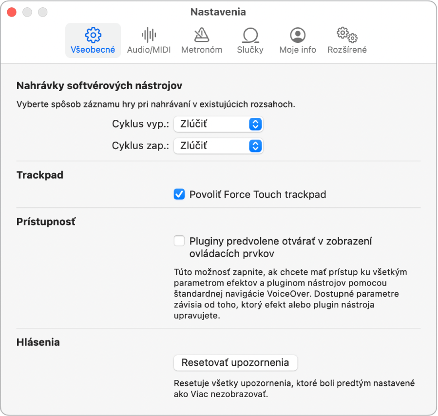 Panel s nastaveniami Všeobecné.