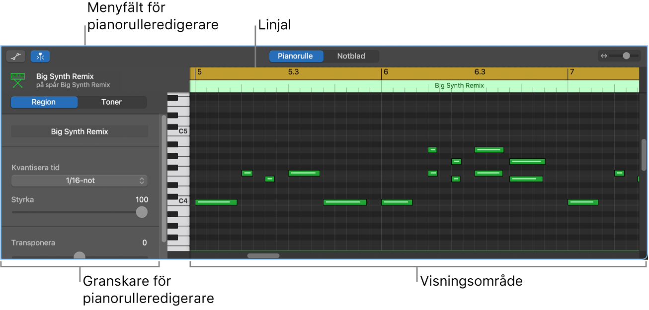Pianorulleredigerare med en MIDI-tonhändelse markerad.