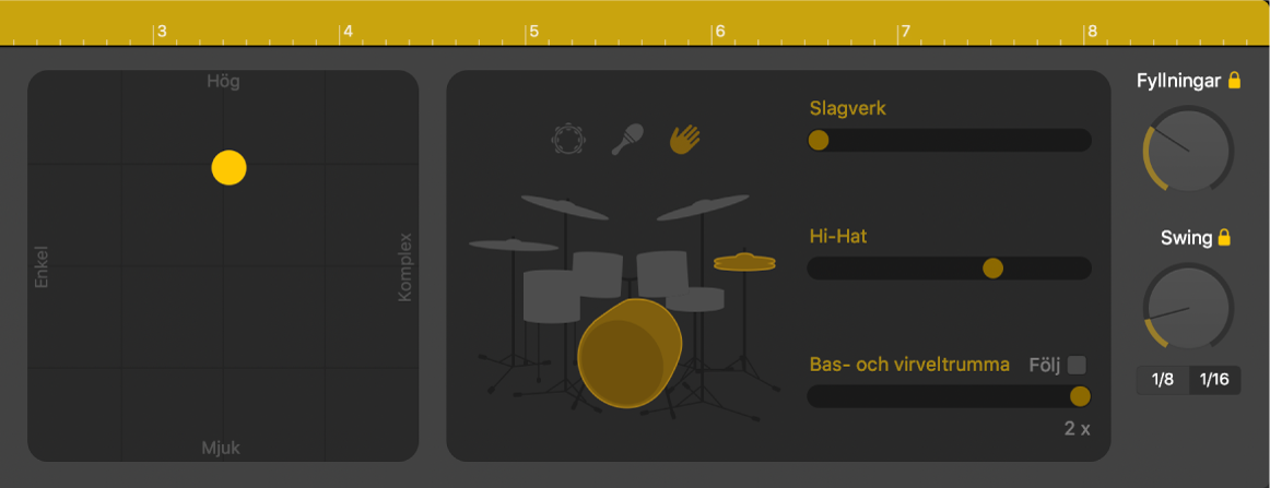 Drummer-redigeraren med reglage för framförande.
