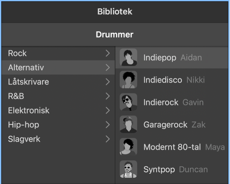Karaktärskort i Drummer-redigeraren.
