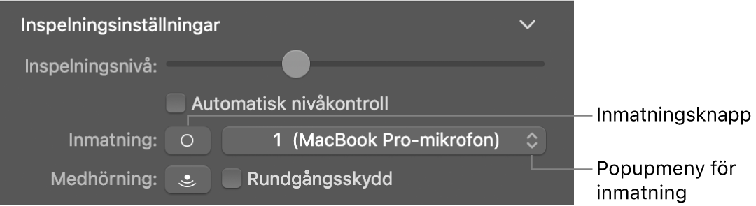 Knappen och popupmenyn Inmatning i granskaren för Smart Controls.