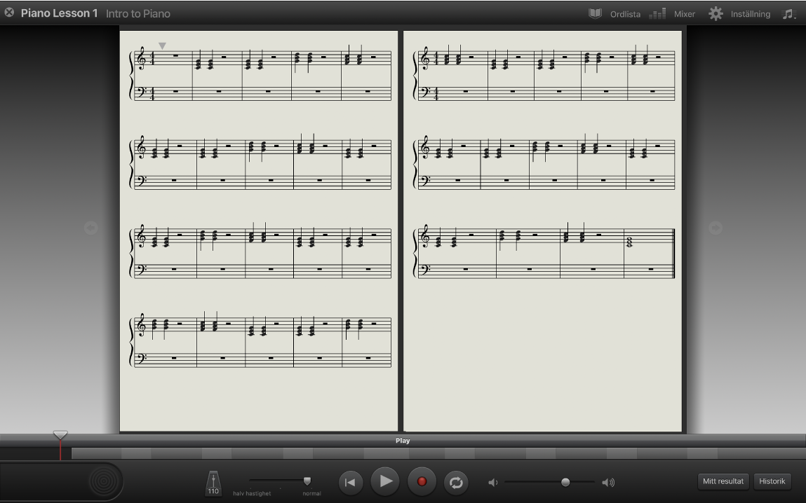 Musiknotation som visas i helsidesvyn.
