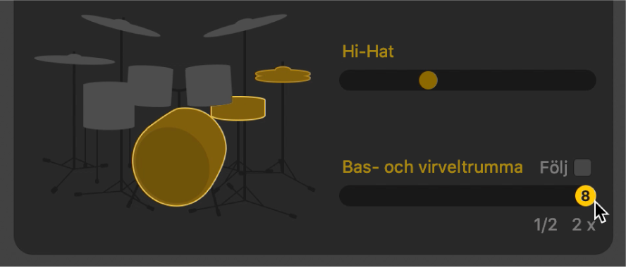 Drummer-redigeraren med halvtakts- eller dubbeltaktsvariation.
