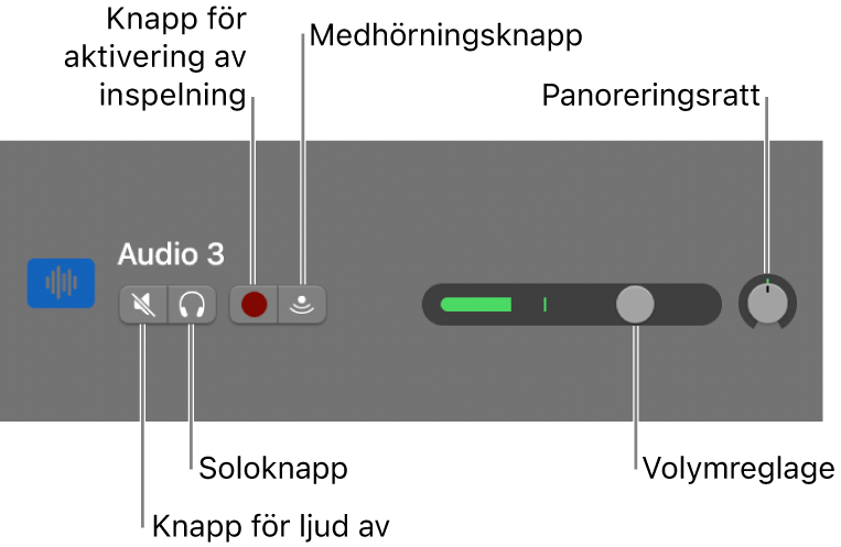 Spårrubrik med markeringar för reglagen.
