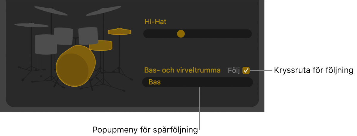 Drummer-redigeraren med kryssrutan Följ och popupmenyn Följ spår.