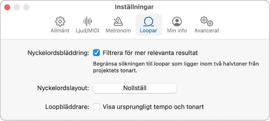 Inställningspanelen Loopar.