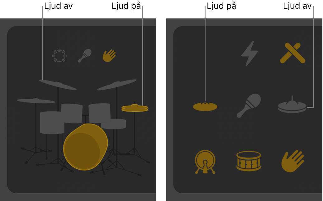 Drummer-redigeraren med trumsetsdelar med och utan ljud.