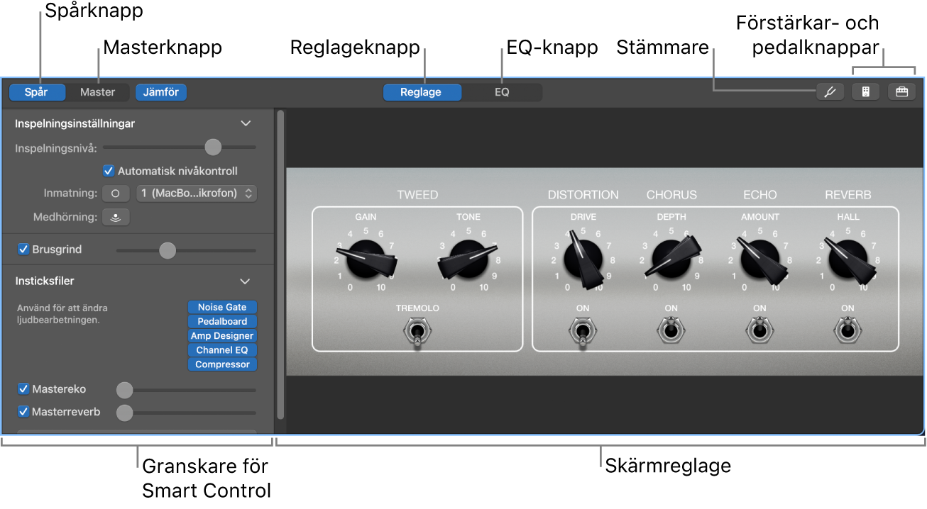 Panelen med Smart Controls med skärmreglage och ett menyfält.