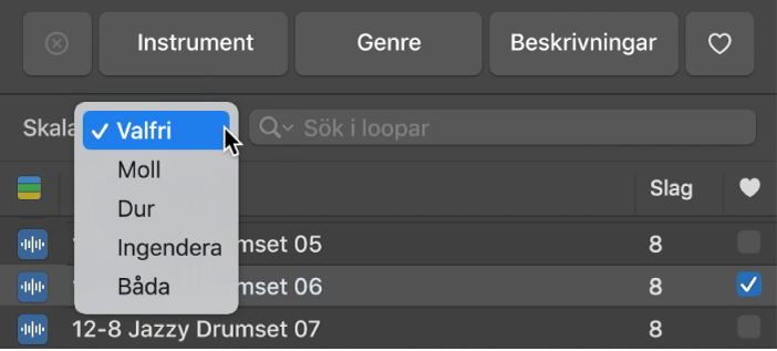 Popupmenyn Skala öppen i loopbläddraren.