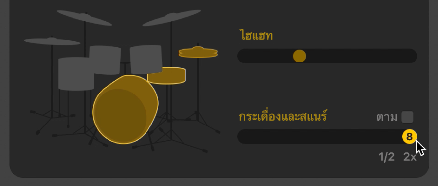 ตัวแก้ไข Drummer ที่แสดงรูปแบบครึ่งเวลาและสองเท่า