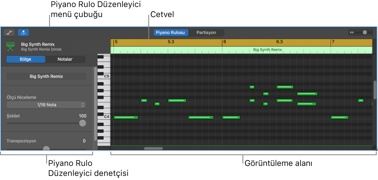 Piyano Rulo Düzenleyici, MIDI notası etkinliğini işaret ediyor.