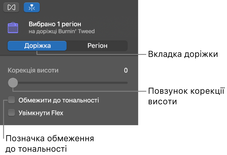 Інспектор звукового редактора в режимі «Доріжка» з повзунком корекції висоти й позначкою «Обмежити до тональності».