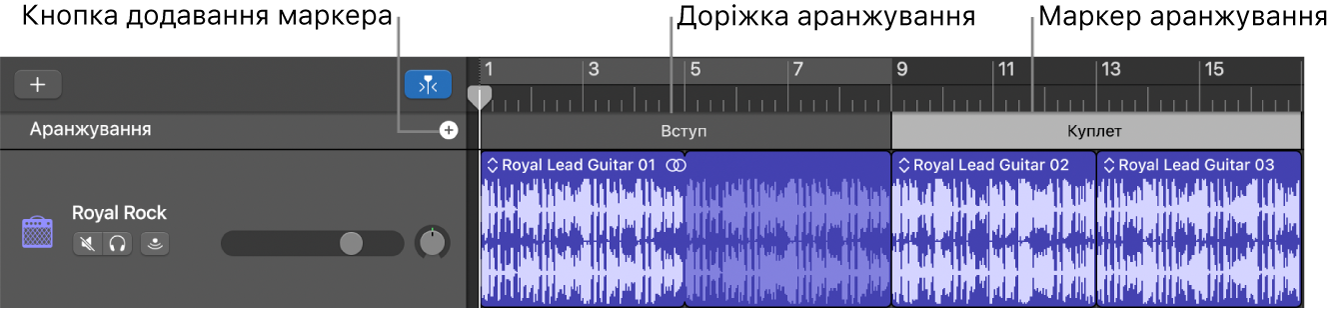 Доріжка аранжування з кнопкою додавання маркера та регіоном аранжування.