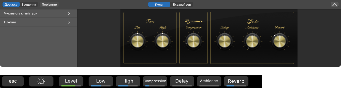 Рисунок. Сполучення клавіш на екрані Smart Controls доріжки програмного інструмента й динаміка.