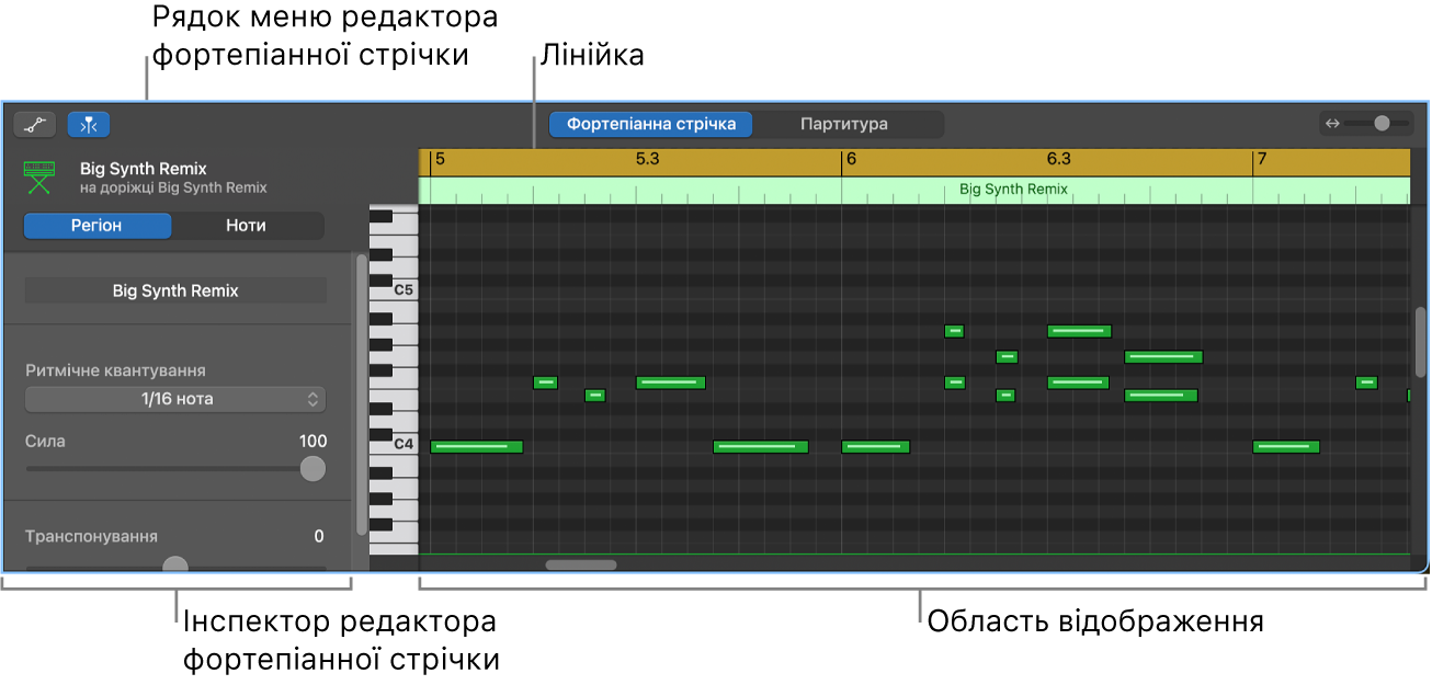 Редактор фортепіанної стрічки, що вказує на подію ноти MIDI.