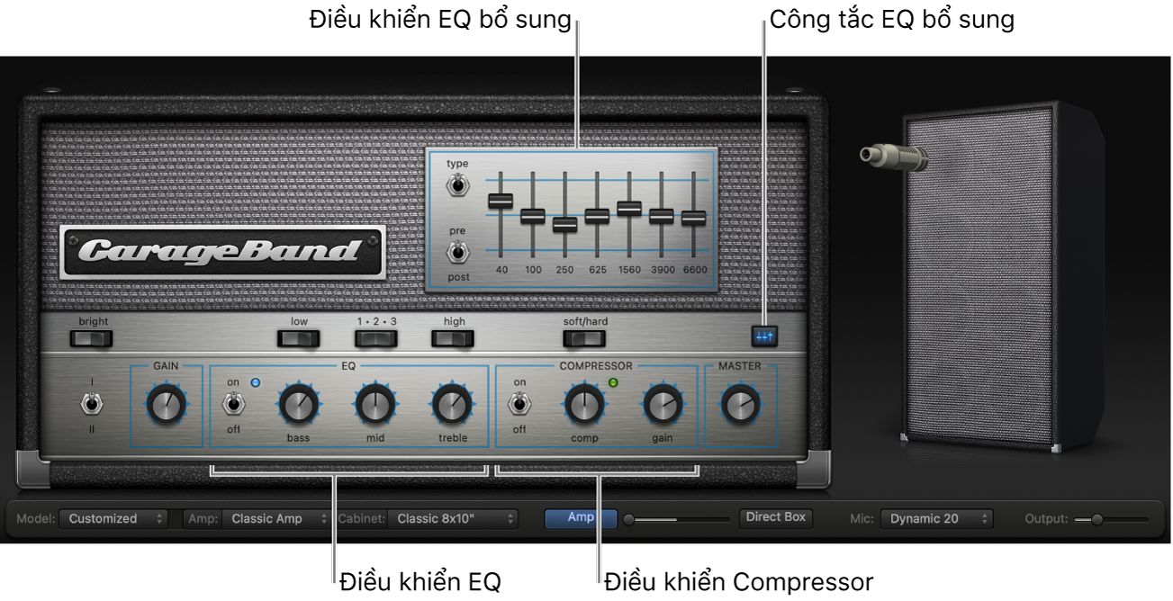 Bass Amp Designer hiển thị bộ điều khiển EQ và Nén.