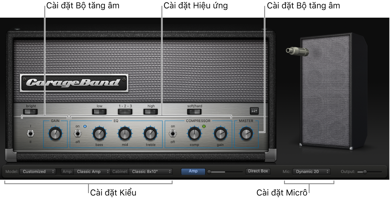 Cửa sổ Bass Amp Designer, hiển thị các khu vực điều khiển khác nhau.