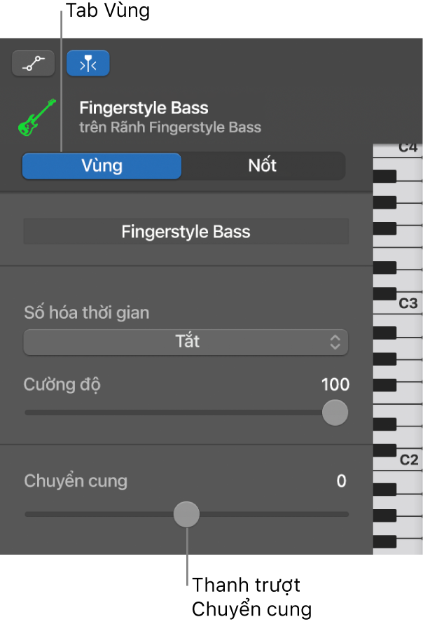 Trình kiểm tra Trình sửa cuộn piano, đang hiển thị nút Vùng và thanh trượt Chuyển cung.