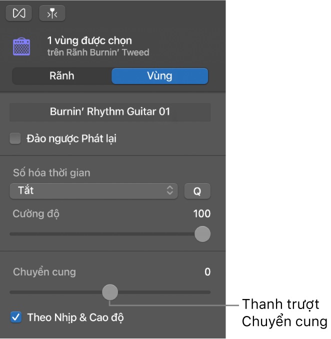 Trình kiểm tra Trình sửa âm thanh trong chế độ Vùng, đang hiển thị thanh trượt Chuyển cung.