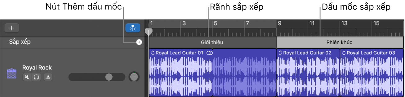 Rãnh Sắp xếp đang hiển thị nút Thêm dấu mốc và vùng Sắp xếp.