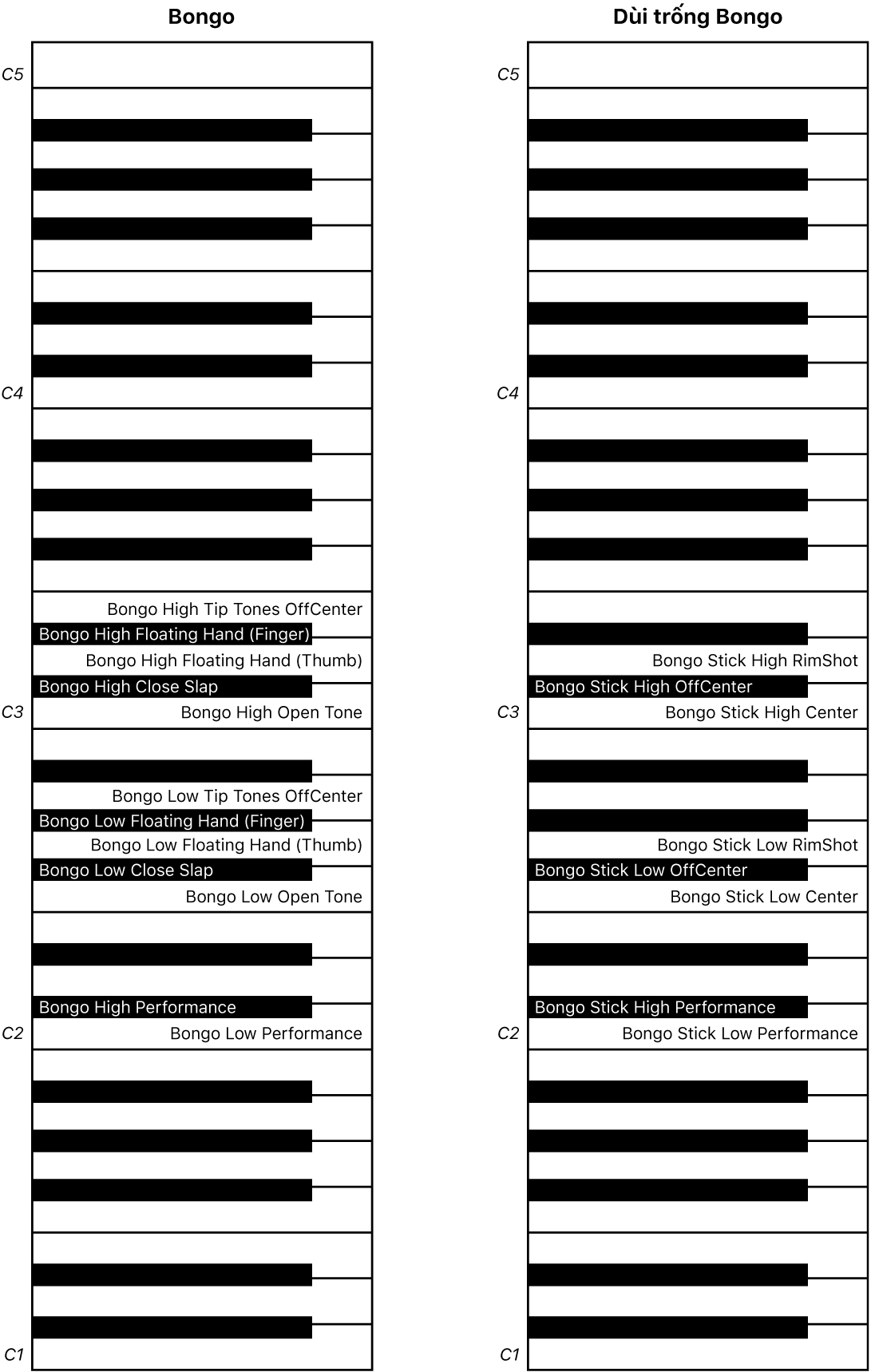 Hình ảnh. Ánh xạ bàn phím diễn tấu Bongo và Dùi trống Bongo.